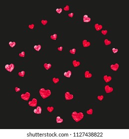 Heart confetti background with pink glitter. Valentines day. Vector frame. Hand drawn texture. Love theme for party invite, retail offer and ad. Wedding and bridal template with heart confetti.