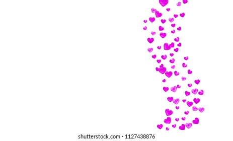 Heart confetti background with pink glitter. Valentines day. Vector frame. Hand drawn texture. Love theme for voucher, special business banner. Wedding and bridal template with heart confetti.
