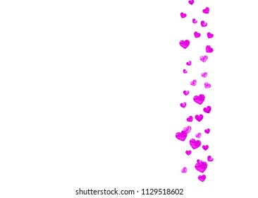 Heart confetti background with pink glitter. Valentines day. Vector frame. Hand drawn texture. Love theme for voucher, special business banner. Wedding and bridal template with heart confetti.