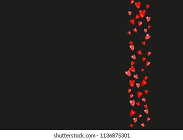 Heart confetti background with pink glitter. Valentines day. Vector frame. Hand drawn texture. Love theme for poster, gift certificate, banner. Wedding and bridal template with heart confetti.