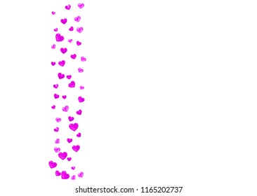 Heart confetti background with pink glitter. Valentines day. Vector frame. Hand drawn texture. Love theme for gift coupons, vouchers, ads, events. Wedding and bridal template with heart confetti.