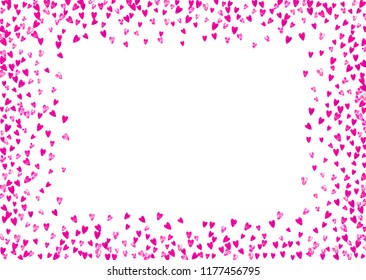 Heart confetti background with pink glitter. Valentines day. Vector frame. Hand drawn texture. Love theme for flyer, special business offer, promo. Wedding and bridal template with heart confetti.