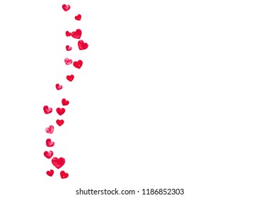 Heart confetti background with pink glitter. Valentines day. Vector frame. Hand drawn texture. Love theme for party invite, retail offer and ad. Wedding and bridal template with heart confetti.