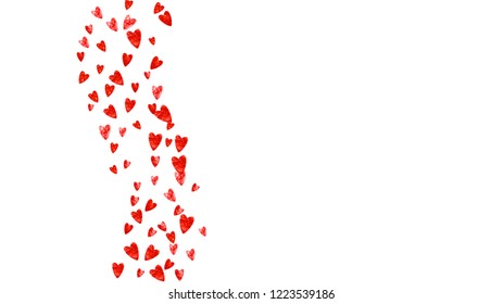 Heart confetti background with pink glitter. Valentines day. Vector frame. Hand drawn texture. Love theme for gift coupons, vouchers, ads, events. Wedding and bridal template with heart confetti.