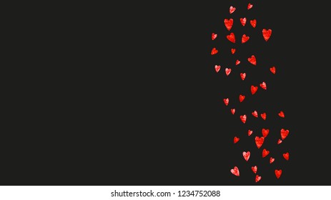 Heart confetti background with pink glitter. Valentines day. Vector frame. Hand drawn texture. Love theme for poster, gift certificate, banner. Wedding and bridal template with heart confetti.