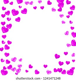 Heart confetti background with pink glitter. Valentines day. Vector frame. Hand drawn texture. Love theme for party invite, retail offer and ad. Wedding and bridal template with heart confetti.