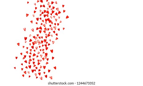 Heart confetti background with pink glitter. Valentines day. Vector frame. Hand drawn texture. Love theme for gift coupons, vouchers, ads, events. Wedding and bridal template with heart confetti.