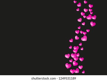 Heart confetti background with pink glitter. Valentines day. Vector frame. Hand drawn texture. Love theme for voucher, special business banner. Wedding and bridal template with heart confetti.