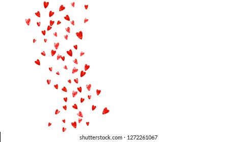 Heart confetti background with pink glitter. Valentines day. Vector frame. Hand drawn texture. Love theme for voucher, special business banner. Wedding and bridal template with heart confetti.
