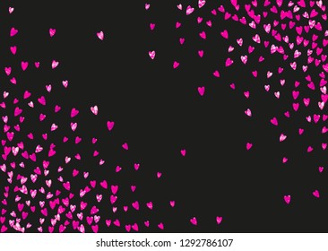 Heart confetti background with pink glitter. Valentines day. Vector frame. Hand drawn texture. Love theme for party invite, retail offer and ad. Wedding and bridal template with heart confetti.