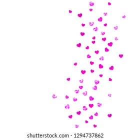 Heart confetti background with pink glitter. Valentines day. Vector frame. Hand drawn texture. Love theme for flyer, special business offer, promo. Wedding and bridal template with heart confetti.