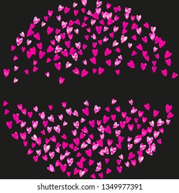 Heart confetti background with pink glitter. Valentines day. Vector frame. Hand drawn texture. Love theme for gift coupons, vouchers, ads, events. Wedding and bridal template with heart confetti.