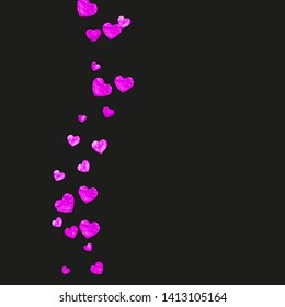 Heart confetti background with pink glitter. Valentines day. Vector frame. Hand drawn texture. Love theme for flyer, special business offer, promo. Wedding and bridal template with heart confetti.
