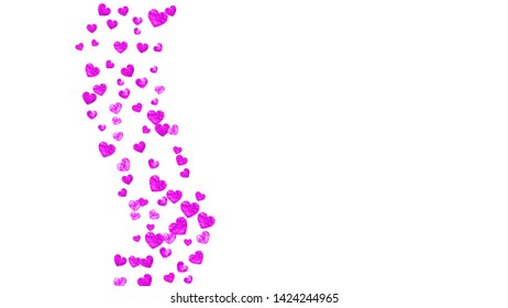 Heart confetti background with pink glitter. Valentines day. Vector frame. Hand drawn texture. Love theme for voucher, special business banner. Wedding and bridal template with heart confetti.