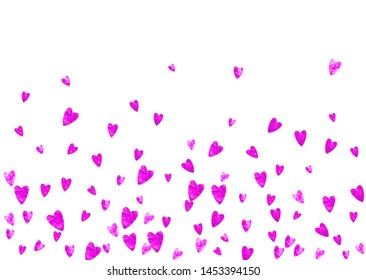 Heart confetti background with pink glitter. Valentines day. Vector frame. Hand drawn texture. Love theme for gift coupons, vouchers, ads, events. Wedding and bridal template with heart confetti.