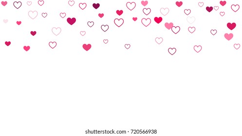 heart confetti Background for Valentine's day, isolated on white, vector illustration with Pink and purple hearts flying, raising up or falling. Love symbols border
