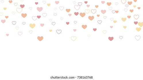 Heart confetti Background for Valentine's day 14 February. Love symbols border isolated on white, vector illustration with red hearts flying, raising up or falling.