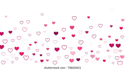 heart confetti Background for Valentine's day, isolated on white, vector illustration with red hearts flying, raising up or falling. Love symbols border for 14 February