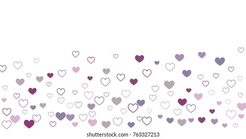 heart confetti Background for Valentine's day 14 february, Love symbols border isolated on white, vector illustration with red hearts flying, raising up or falling.