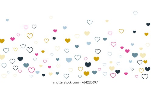 heart confetti Background for Valentine's day 14 february, Love symbols border isolated on white, vector illustration with red hearts flying, raising up or falling.