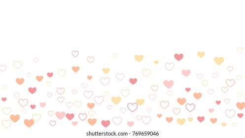 heart confetti Background for Valentine's day 14 february, Love symbols border isolated on white, vector illustration with red hearts flying, raising up or falling.