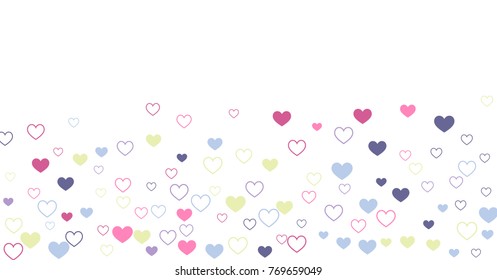 heart confetti Background for Valentine's day 14 february, Love symbols border isolated on white, vector illustration with red hearts flying, raising up or falling.