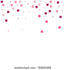 heart confetti Background for Valentine's day, isolated on white, vector illustration with red hearts and stars sparkles flying, Love symbols border for 14 February frame or border