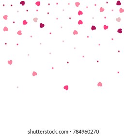 heart confetti Background for Valentine's day, isolated on white, vector illustration with red hearts and stars sparkles flying, Love symbols border for 14 February frame or border