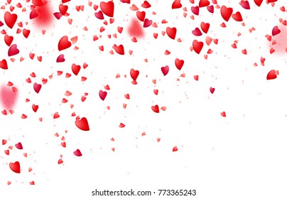 Heart confetti border background. Falling from above red love particles. Blurred petal. Valentine, women, mother day concept. Vector illustration