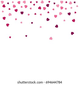 heart confetti border isolated on white, vector illustration with Pink and purple hearts flying, raising up or falling falling. Love Background for Valentine's day banner, wedding invitation card