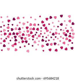 heart confetti border isolated on white, vector illustration with Pink and purple hearts flying, raising up or falling falling. Love Background for Valentine's day banner, wedding invitation card