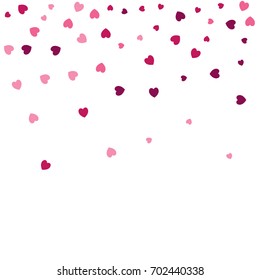 heart confetti border isolated on white, vector illustration with Pink and purple hearts flying, raising up or falling falling. Love Background for Valentine's day banner, wedding invitation card