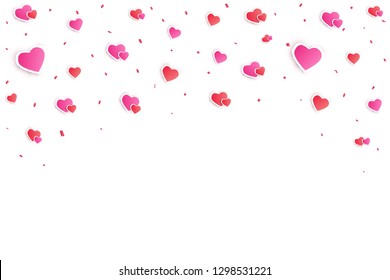 Heart confetti falling down isolated. Valentines day concept. Heart shapes overlay background. Vector festive illustration.