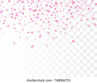 Heart confetti falling down isolated. Valentines day concept. Heart shapes overlay background. Vector festive illustration.