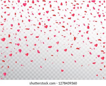 Heart confetti falling on transparent background. Flower petal in shape of heart. Valentines Day background. Color confetti for greeting cards, wedding invitation, gift packages. Vector illustration.