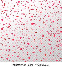 Heart confetti falling on transparent background. Flower petal in shape of heart. Color confetti for greeting cards, wedding invitation, gift packages. Valentines Day background. Vector illustration.
