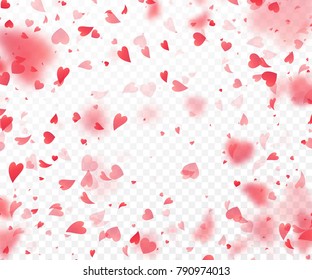 Heart confetti falling on transparent background. Valentines day card template. Vector illustration EPS10