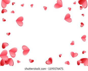 Heart confetti falling on white background. Women's Day postcard vector backdrop. Red and pink folded paper hearts. Romantic mood symbols. Lovely decor graphic design.