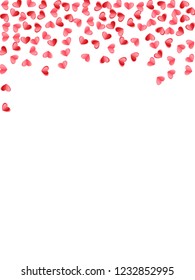 Heart confetti falling on white background. Birthday card vector backdrop. Red and pink folded paper hearts. Romantic mood elements. Lovely decor graphic design.