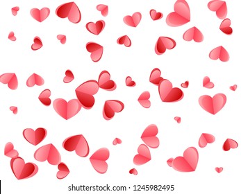 Heart confetti falling on white background. Engagement event vector backdrop. Red and rose color folded paper hearts. Romantic mood elements. Decor elements vector design.