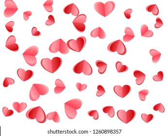 Heart confetti falling on white background. March 8 postcard vector backdrop. Red and crimson folded paper cut hearts. Romantic mood elements. Fancy random flying confetti.