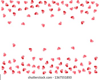 Heart confetti falling on white background. Honeymoon gift vector backdrop. Red and rose color folded paper hearts. Romantic mood elements. Sweet random flying confetti.