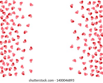 Heart confetti falling on white background. Wedding invitation vector backdrop. Red and pink folded paper hearts. Sweet love symbols. Holiday decor elements graphic design.