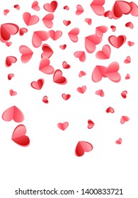 Heart confetti falling on white background. Engagement event vector backdrop. Red and crimson folded paper cut hearts. Romantic mood elements. Elegant random flying confetti.