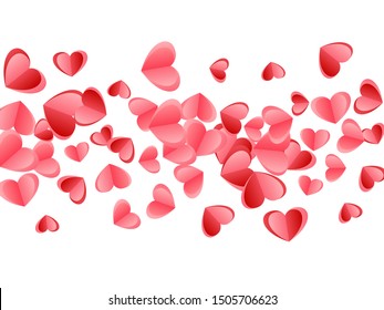 Heart confetti falling on white background. Women's Day postcard vector backdrop. Red and pink folded paper hearts. Friendship relations symbols. Sweet random flying confetti.