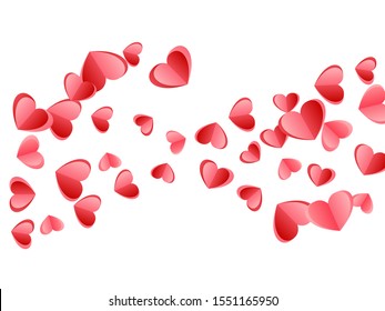 Heart confetti falling on white background. Valentines Day vector backdrop. Red and rose color folded paper hearts. Couple relations symbols. Elegant flying confetti print.