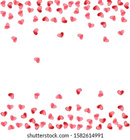 Heart confetti falling on white background. Wedding invitation vector backdrop. Red and rose color folded paper hearts. Friendship symbols. Elegant flying confetti print design.