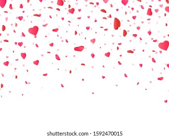 Heart confetti falling on white background. Valentines Day background with 3d pink and red hearts. Color confetti for greeting cards. Vector illustration.