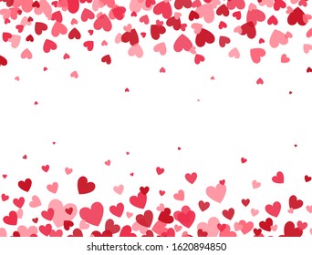 Heart confetti falling on white background. Red and pink hearts frame. Valentines Day banner for greeting cards, wedding invitation, gift packages. Vector illustration.