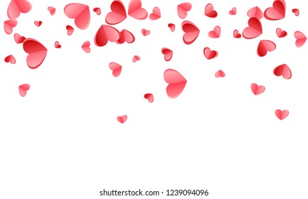 Heart confetti flying on white background. Valentines Day vector backdrop. Red and pink folded paper hearts. Romantic mood symbols. Fancy random flying confetti.